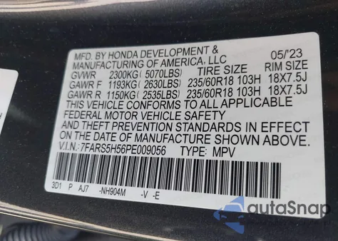 2023 Honda Cr-V Hybrid Sport z USA, uszkodzony, nr VIN 7FARS5H56PE009056
